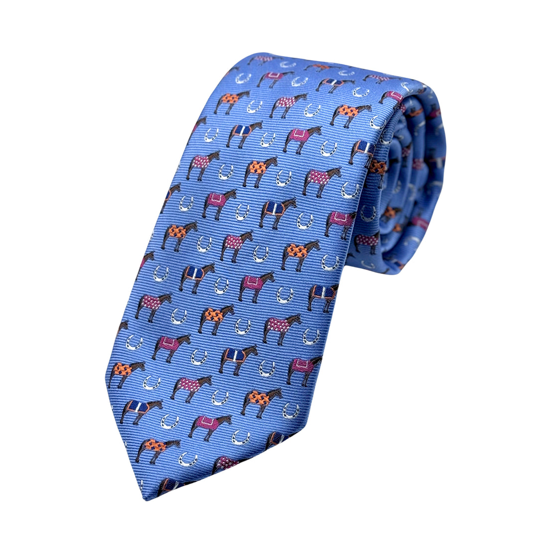 James Adelin Mens Luxury Microfibre Neck Tie in Horizontal Striped Horses Motif Weave Design