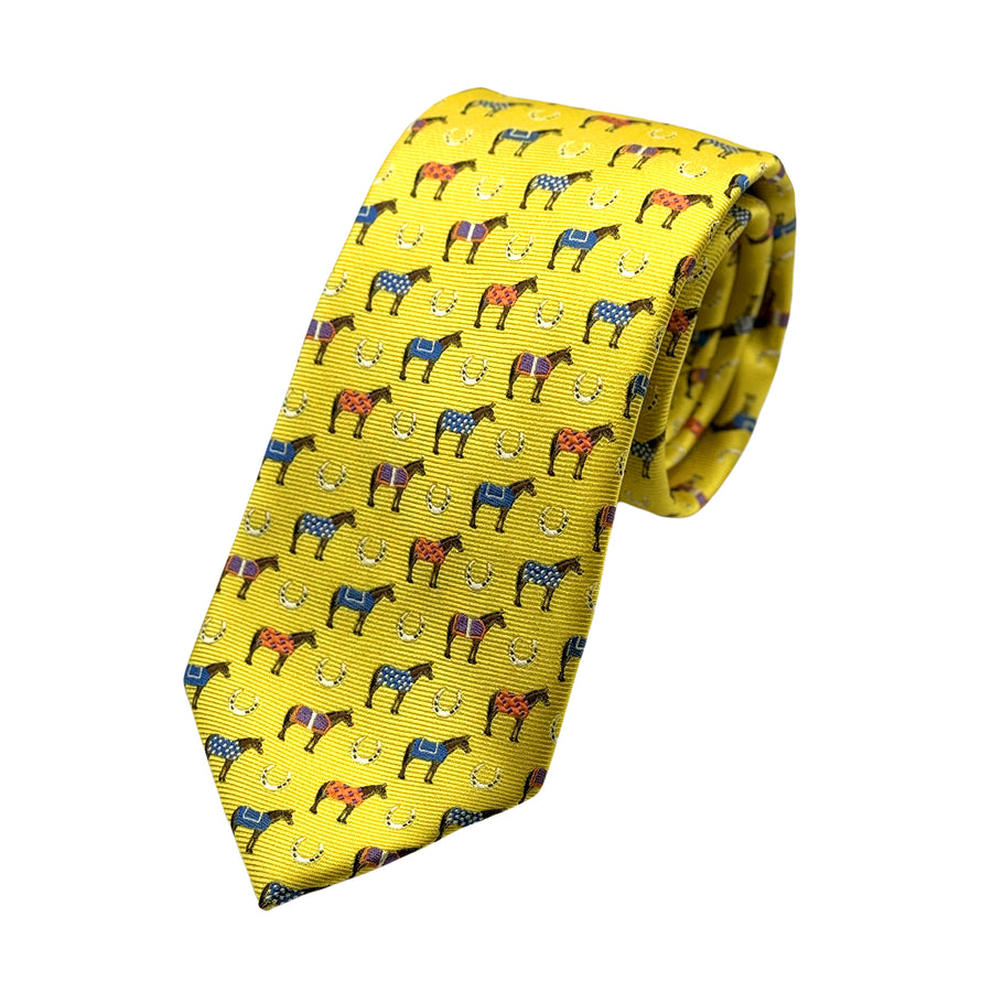 James Adelin Mens Luxury Microfibre Neck Tie in Horizontal Striped Horses Motif Weave Design