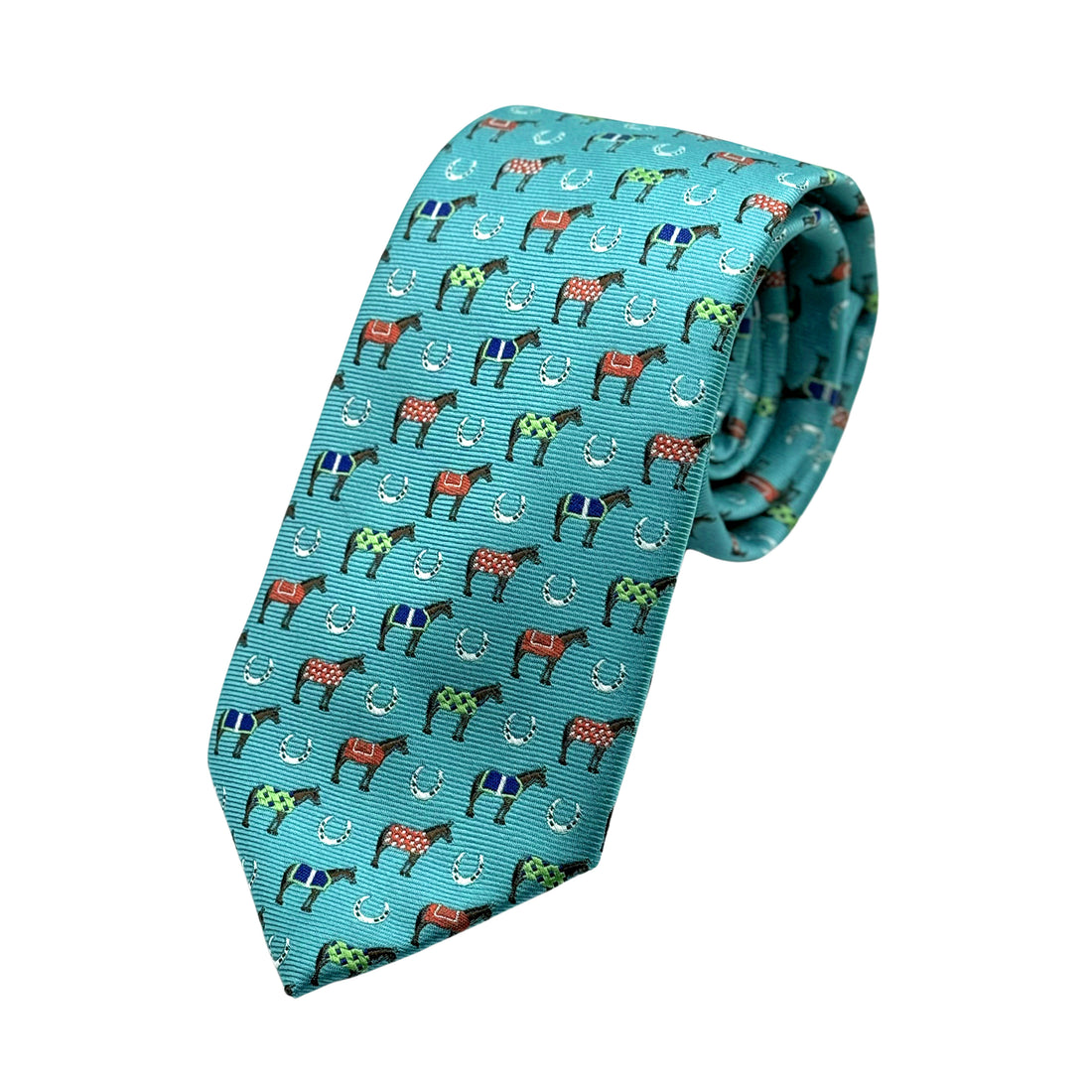 James Adelin Mens Luxury Microfibre Neck Tie in Horizontal Striped Horses Motif Weave Design