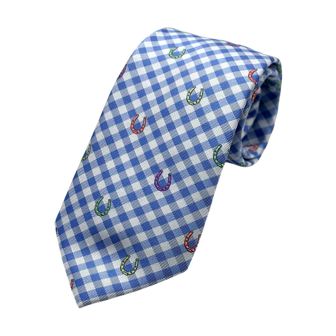 James Adelin Mens Luxury Microfibre Neck Tie in Gingham Check Weave Horse Shoe Motif Design