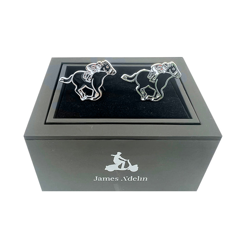 James Adelin Silver/Black Horse Racing Cuff Links