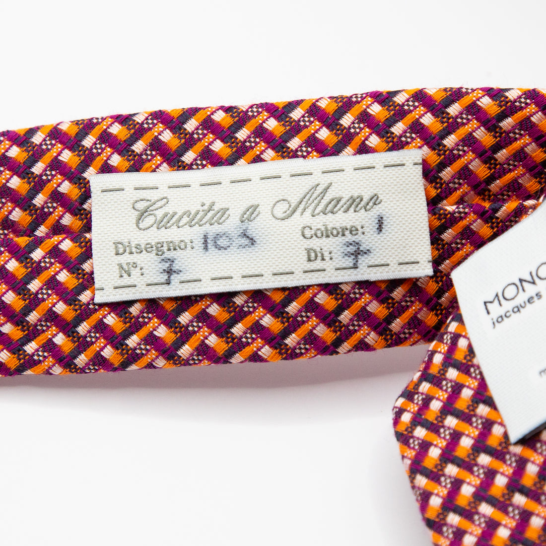 JACQUES MONCLEEF Italian Geometric Silk Neck Tie in Orange and Purple