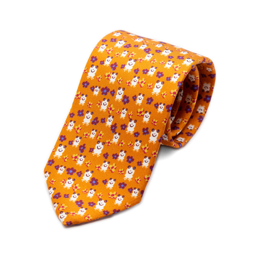 1962 ITALY Mens Italian Printed Silk Neck Tie in Orange