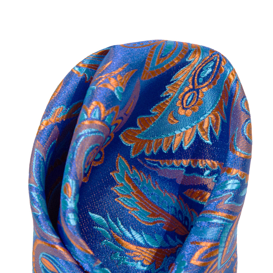 James Adelin Luxury Paisley Pocket Square in Royal, Turquoise and Orange