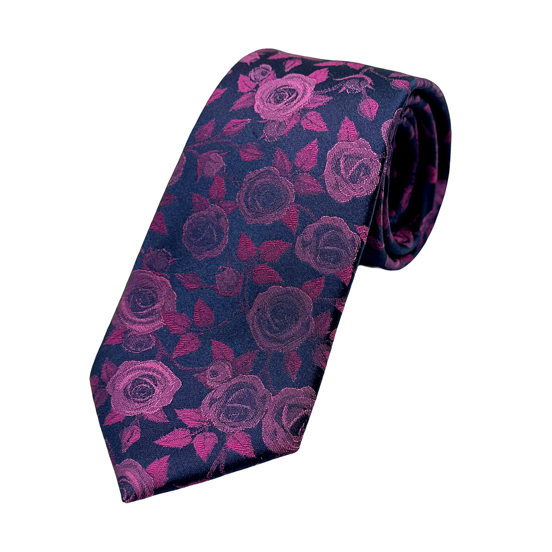 James Adelin Mens Luxury Silk Neck Tie in Satin Rose Floral Weave Design in Navy