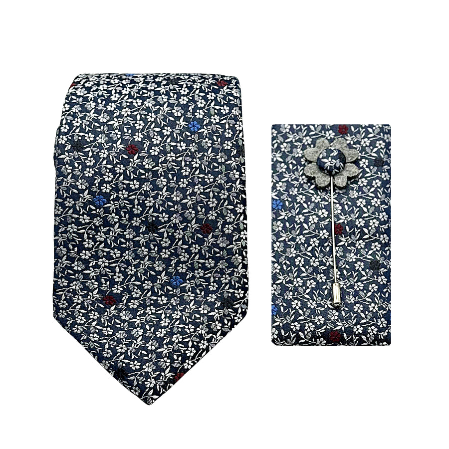 James Adelin Luxury Mini Floral 7.5cm Width Tie/Pocket Square/Lapel Pin Combo Set