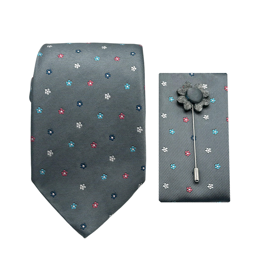 James Adelin Luxury Horizontal Striped Floral Motif 7.5cm Width Tie/Pocket Square/Lapel Pin Combo Set