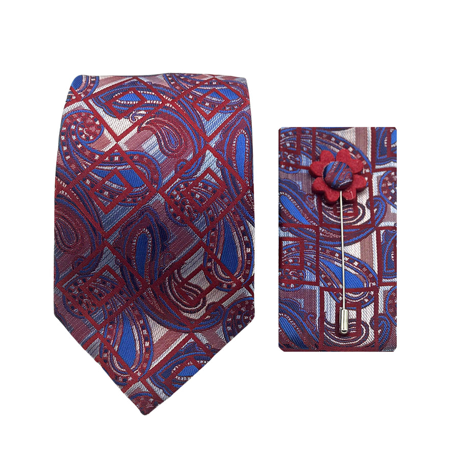 James Adelin Luxury Textured Check Paisley 7.5cm Width Tie/Pocket Square/Lapel Pin Combo Set