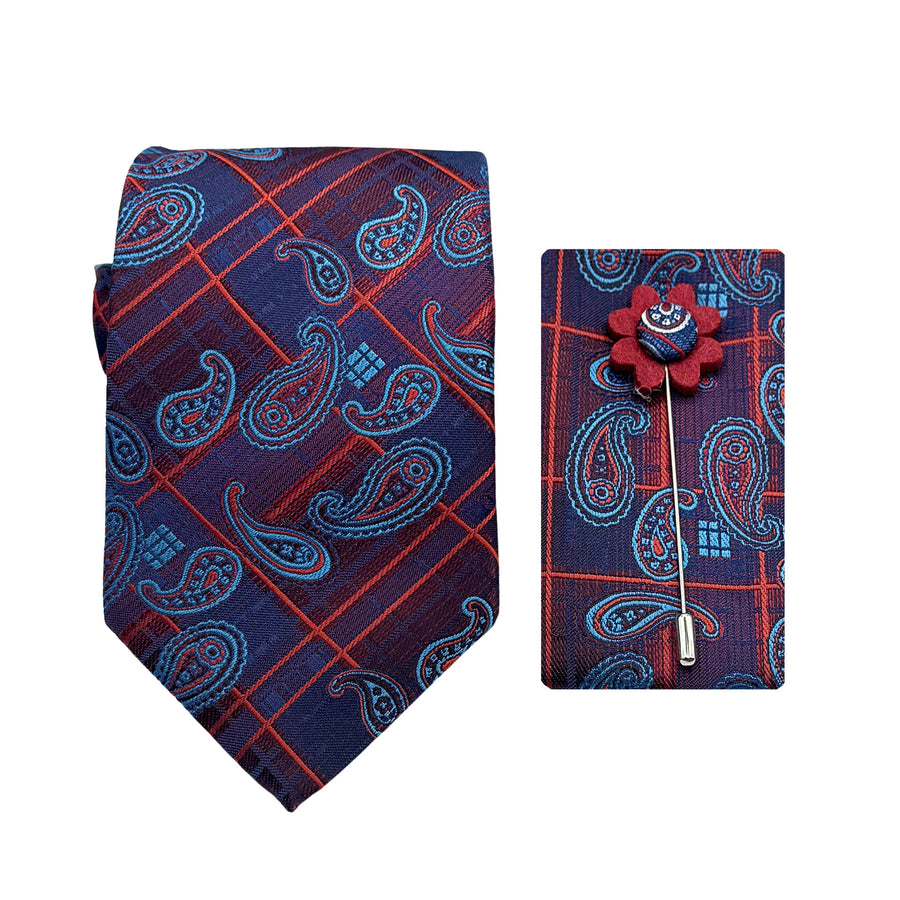 James Adelin Luxury Paisley Check 7.5cm Width Tie/Pocket Square/Lapel Pin Combo Set