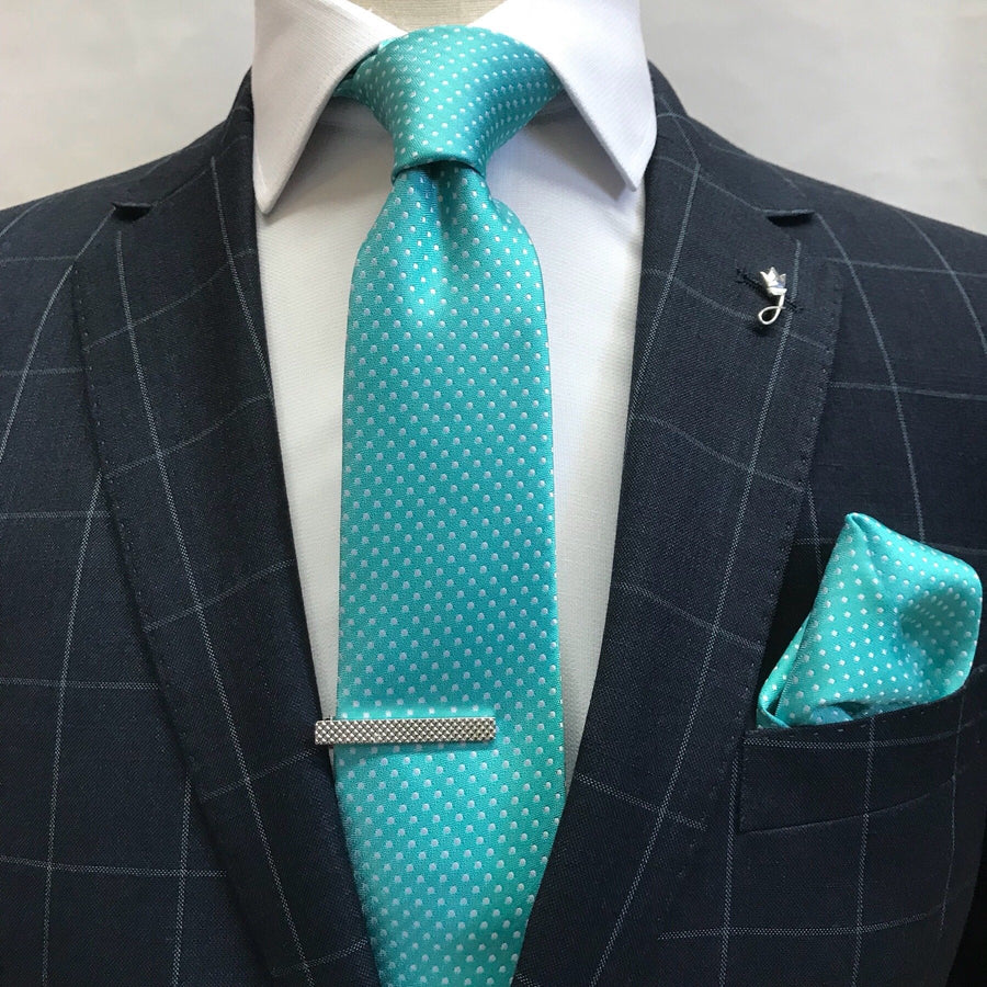 James Adelin Luxury Mini Spot Neck Tie in Aqua and White