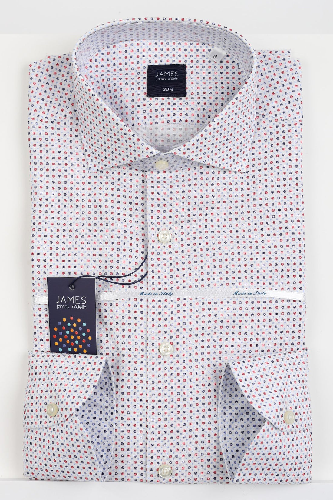 James Adelin Mens Long Sleeve Italian Shirt in White and Red Geometric