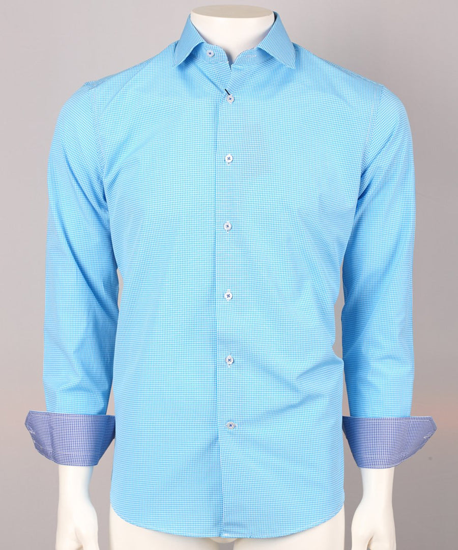 James Adelin Long Sleeve Shirt in Turquoise and Blue Gingham Check