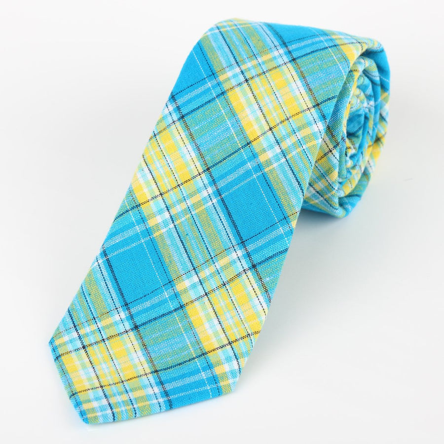 James Adelin Mens Cotton Neck Tie in Turquoise and Gold Check