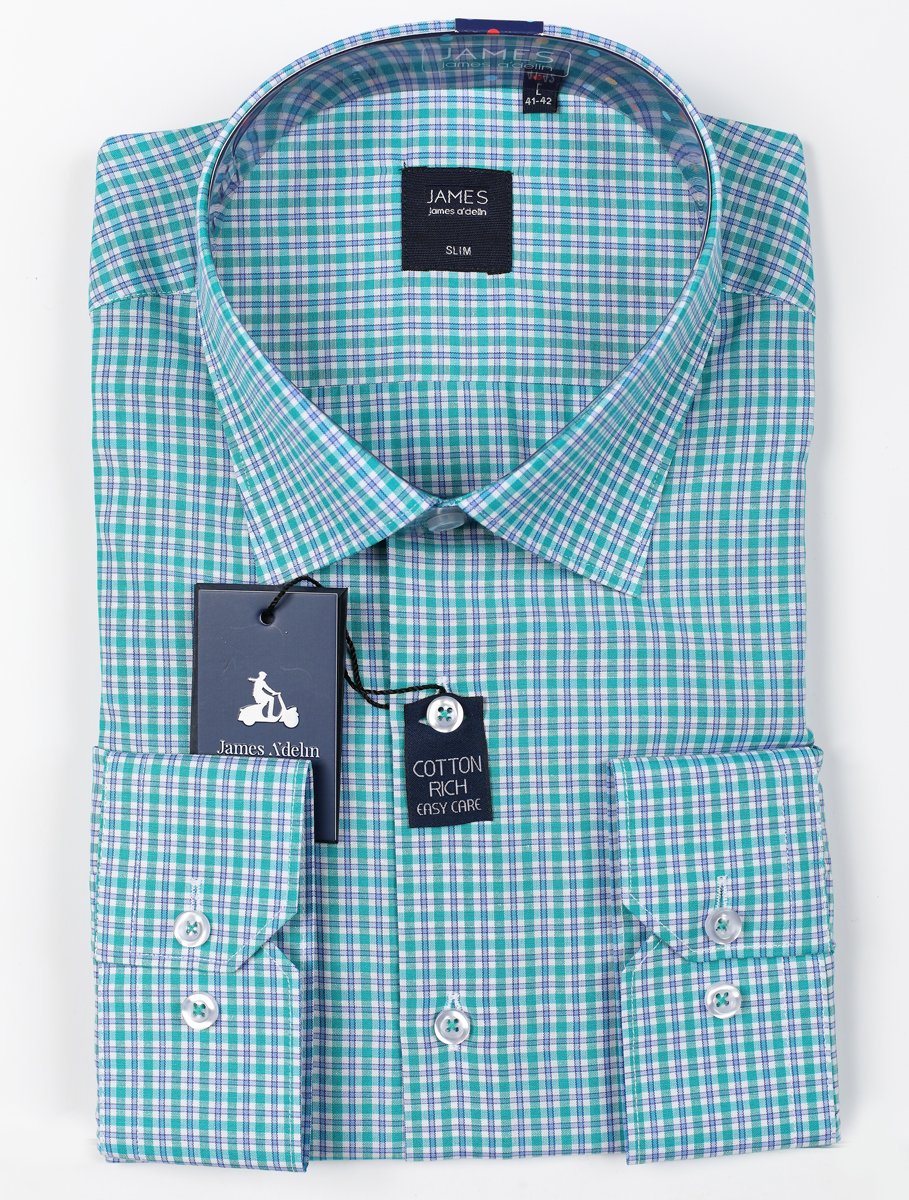 an aqua blue checked mens long sleeve shirt by james adelin