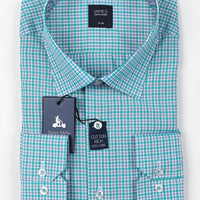 an aqua blue checked mens long sleeve shirt by james adelin