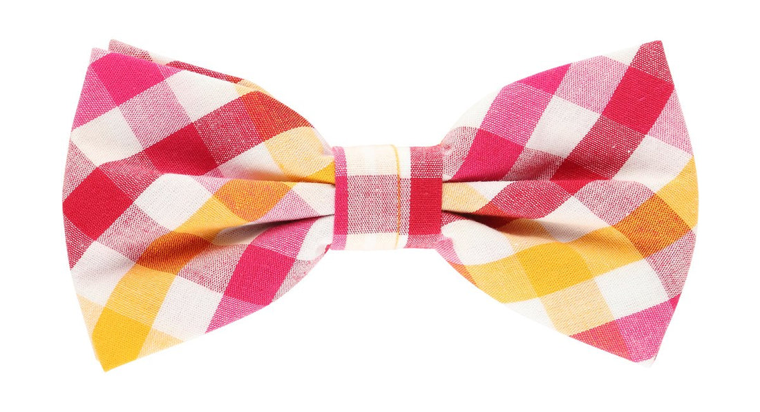 James Adelin Pocket Square, Flower and Bow Tie Combo in Magenta, Gold and White Check