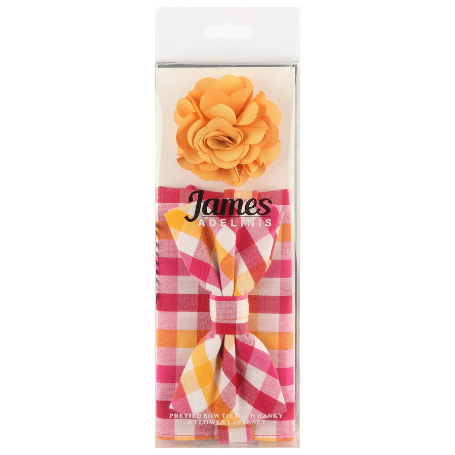 James Adelin Pocket Square, Flower and Bow Tie Combo in Magenta, Gold and White Check