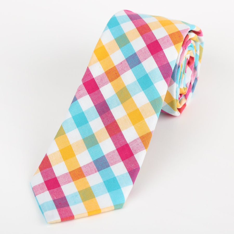 James Adelin Mens Cotton Neck Tie in Turquoise and Gold Multi Check