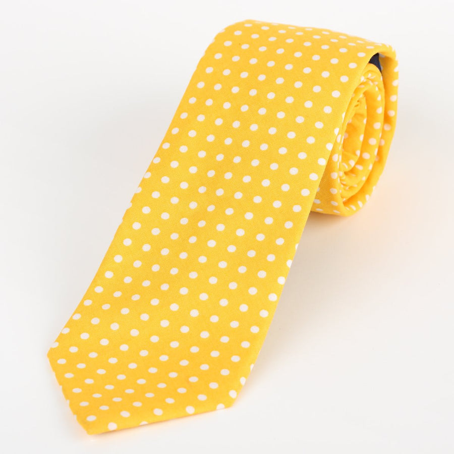 James Adelin Mens Cotton Neck Tie in Gold and White Polka Dot