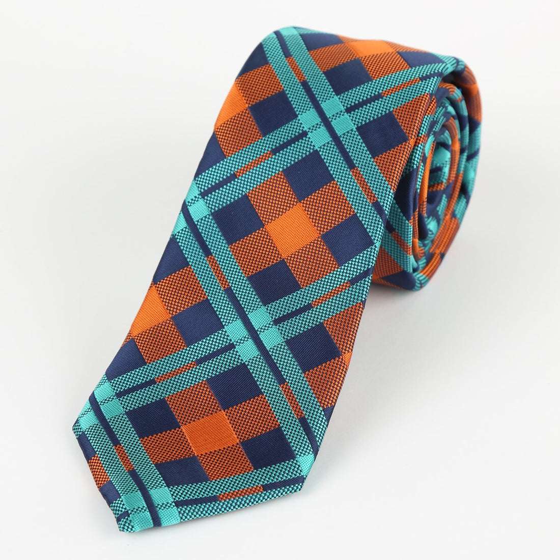 James Adelin Luxury Neck Tie in Navy, Orange and Aqua Check