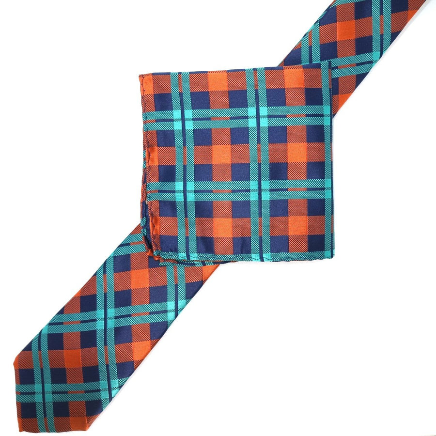 James Adelin Luxury Neck Tie in Navy, Orange and Aqua Check