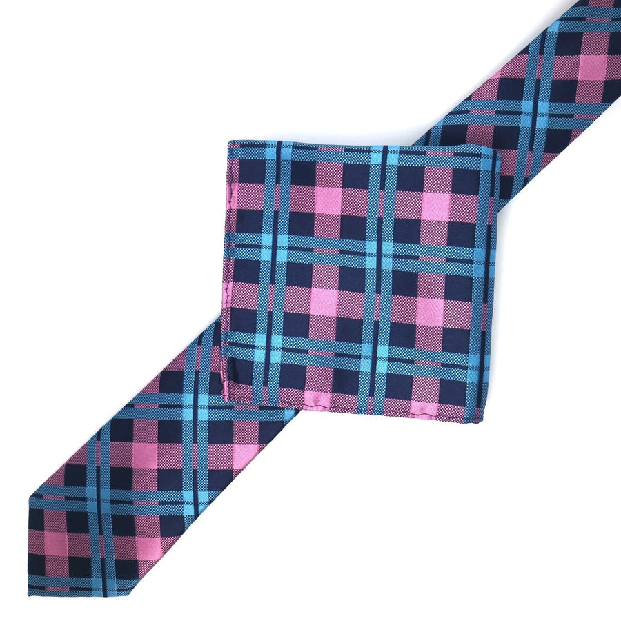 James Adelin Luxury Neck Tie in Navy, Turquoise and Pink Check