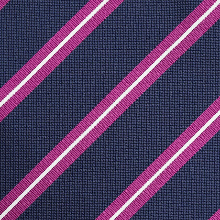 James Adelin Luxury Large Regimental Stripe Pocket Square in Navy, Magenta and White