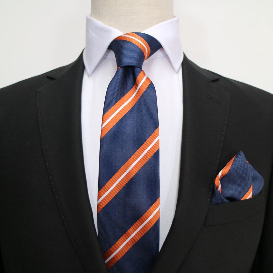 James Adelin Luxury Neck Tie in Navy, Orange and White Regimental Stripes