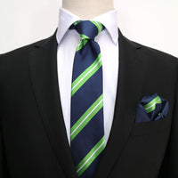 James Adelin Luxury Neck Tie in White, Navy and Lime Regimental Stripes