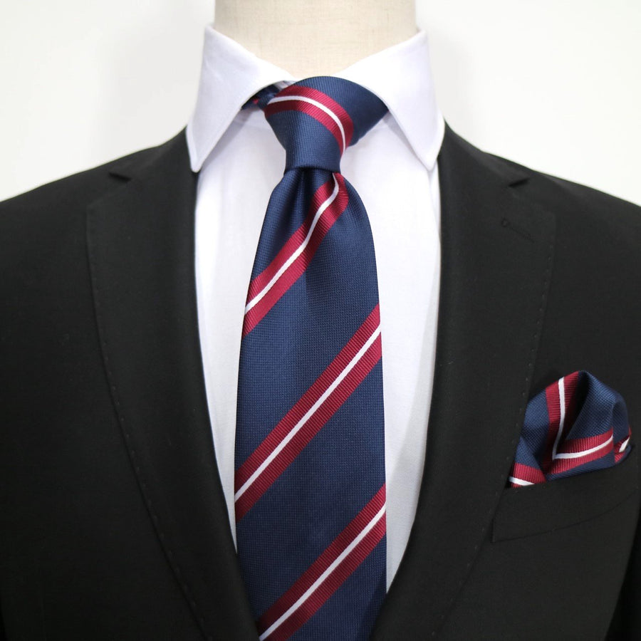 James Adelin Luxury Neck Tie in White, Navy and Burgundy Regimental Stripes