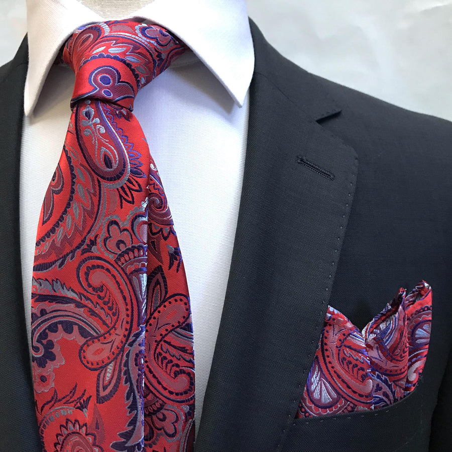 James Adelin Luxury Paisley Neck Tie in Red, Blue and Silver