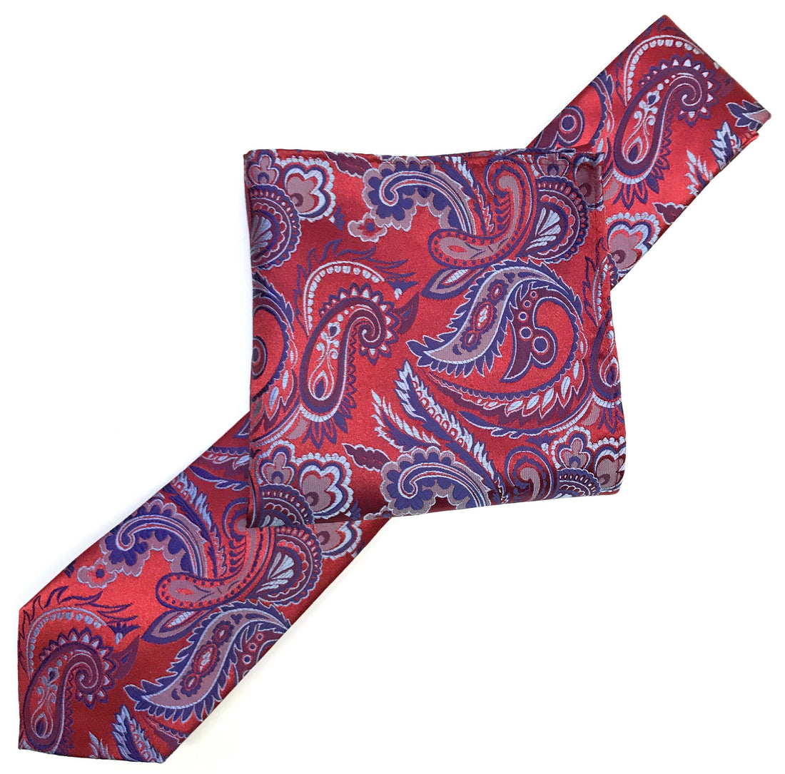 James Adelin Luxury Paisley Neck Tie in Red, Blue and Silver