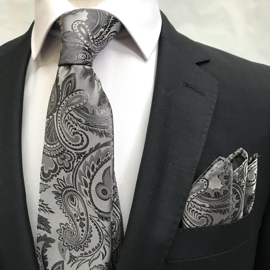 James Adelin Luxury Paisley Neck Tie in Grey and Charcoal