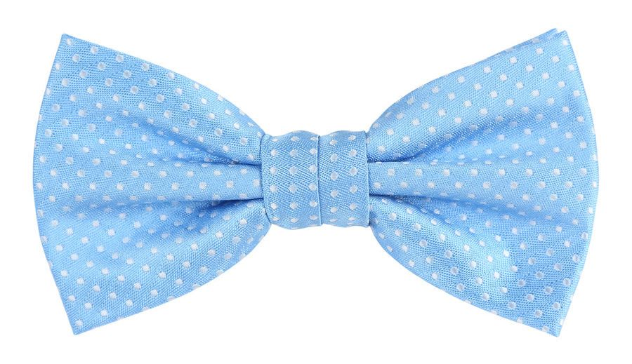 a sky blue bow tie with small white spotted print woven all over