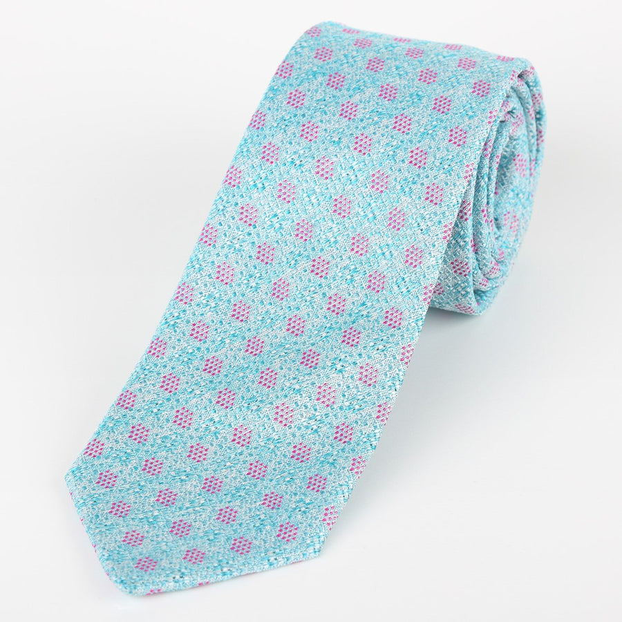 JACQUES MONCLEEF Mens Italian Silk Neck Tie in Soft Aqua and Magenta Spotted Geometric