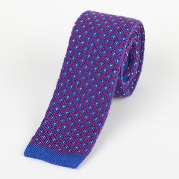 James Adelin Mens Knitted Tie in Royal and Magenta Spotted Check