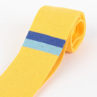 James Adelin Mens Knitted Tie in Gold and Blue Placement Stripe