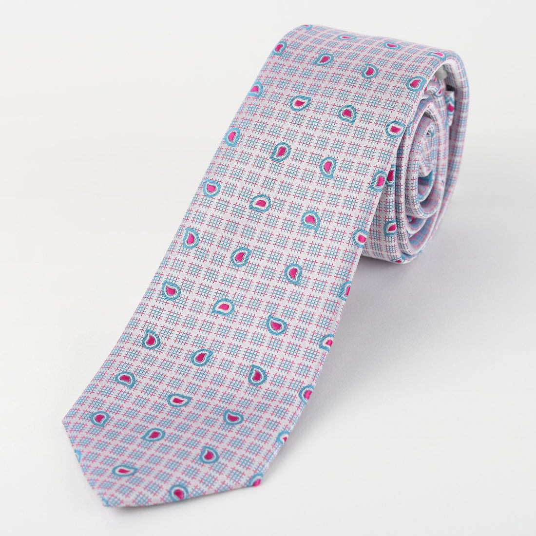 James Adelin Mens Silk Neck Tie in Silver, Turquoise and Magenta Paisley Check