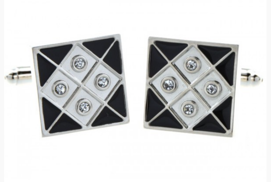 James Adelin Silver and Black Grid Crystal Square Cuff Links