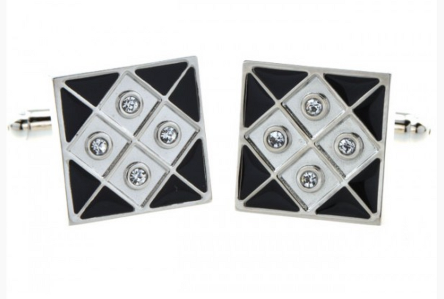 James Adelin Silver and Black Grid Crystal Square Cuff Links