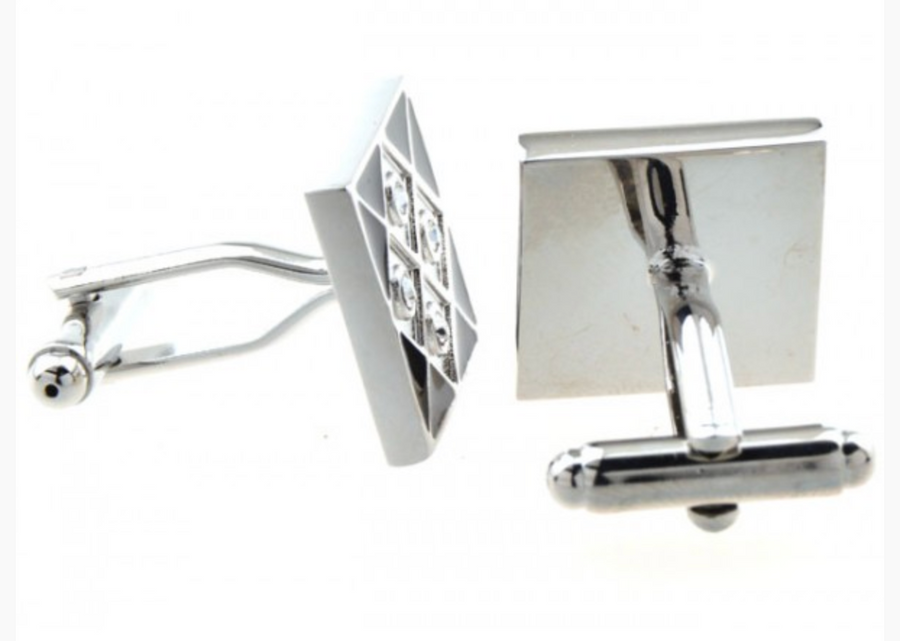 James Adelin Silver and Black Grid Crystal Square Cuff Links