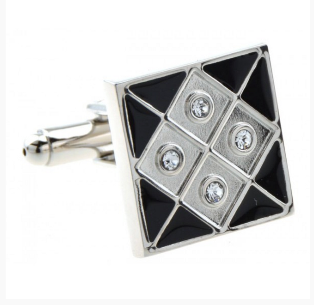 James Adelin Silver and Black Grid Crystal Square Cuff Links