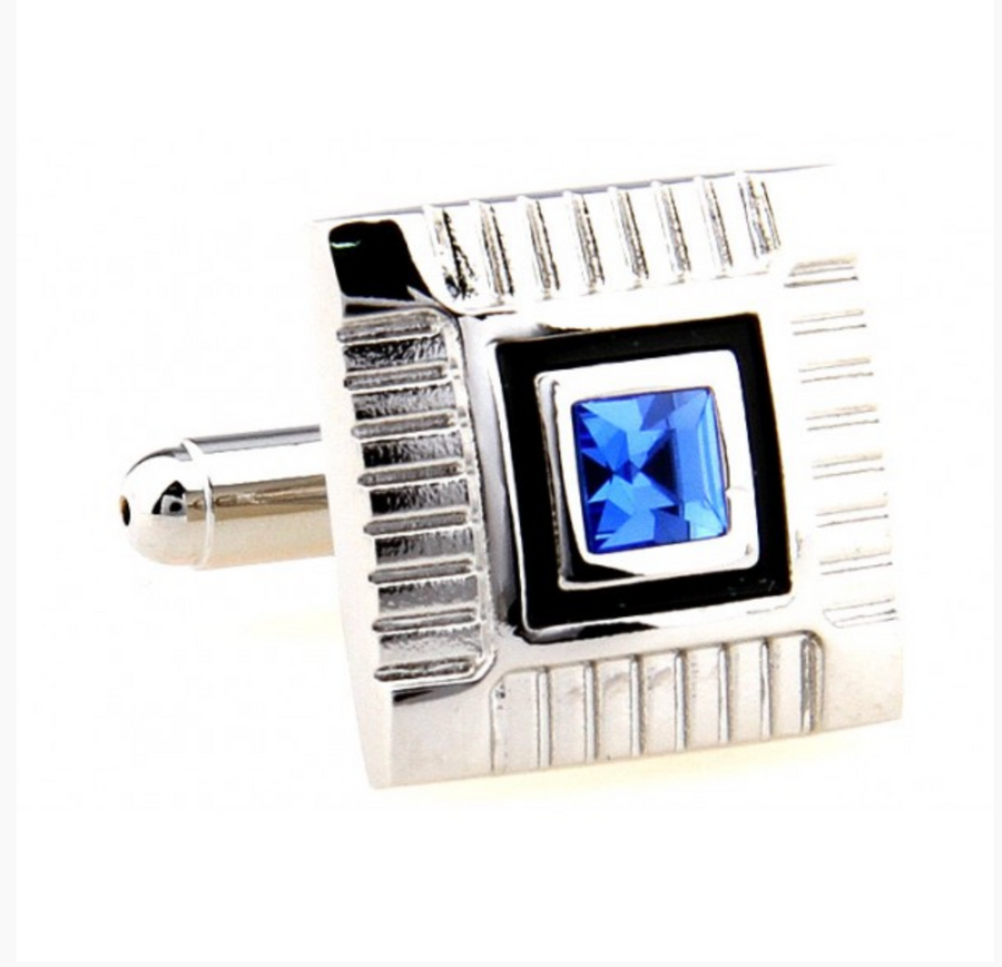 James Adelin Silver, Black and Blue Crystal Square Cuff Links