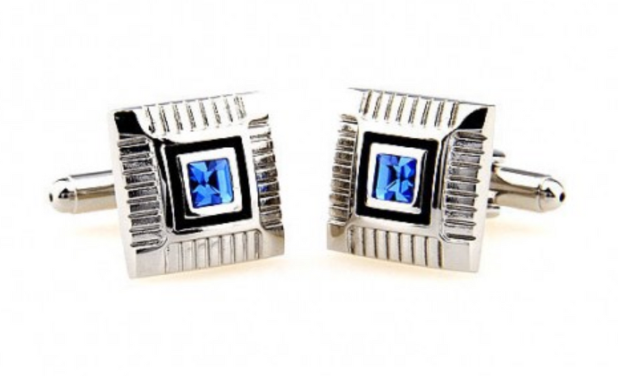 James Adelin Silver, Black and Blue Crystal Square Cuff Links