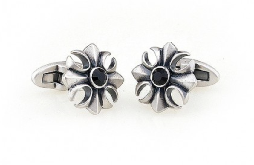 James Adelin Silver Black Vintage Crystal Flower Cuff Links