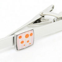 mens silver chrome tie clip with a orange spotted square badge feature