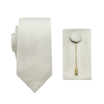 James Adelin Luxury Textured Weave 6.5cm Width Tie/Pocket Square/Lapel Pin Combo Set in Beige