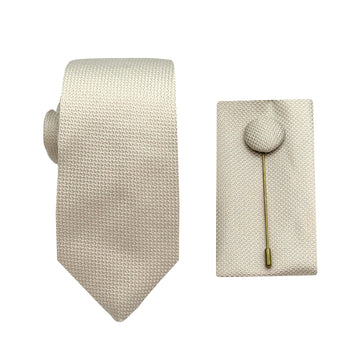 James Adelin Luxury Textured Weave 6.5cm Width Tie/Pocket Square/Lapel Pin Combo Set in Cream