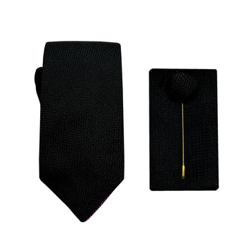 James Adelin Luxury Textured Weave 6.5cm Width Tie/Pocket Square/Lapel Pin Combo Set in Black