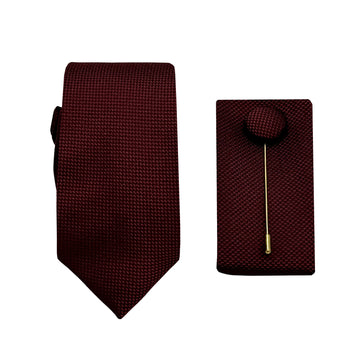 James Adelin Luxury Textured Weave 6.5cm Width Tie/Pocket Square/Lapel Pin Combo Set in Dark Burgundy